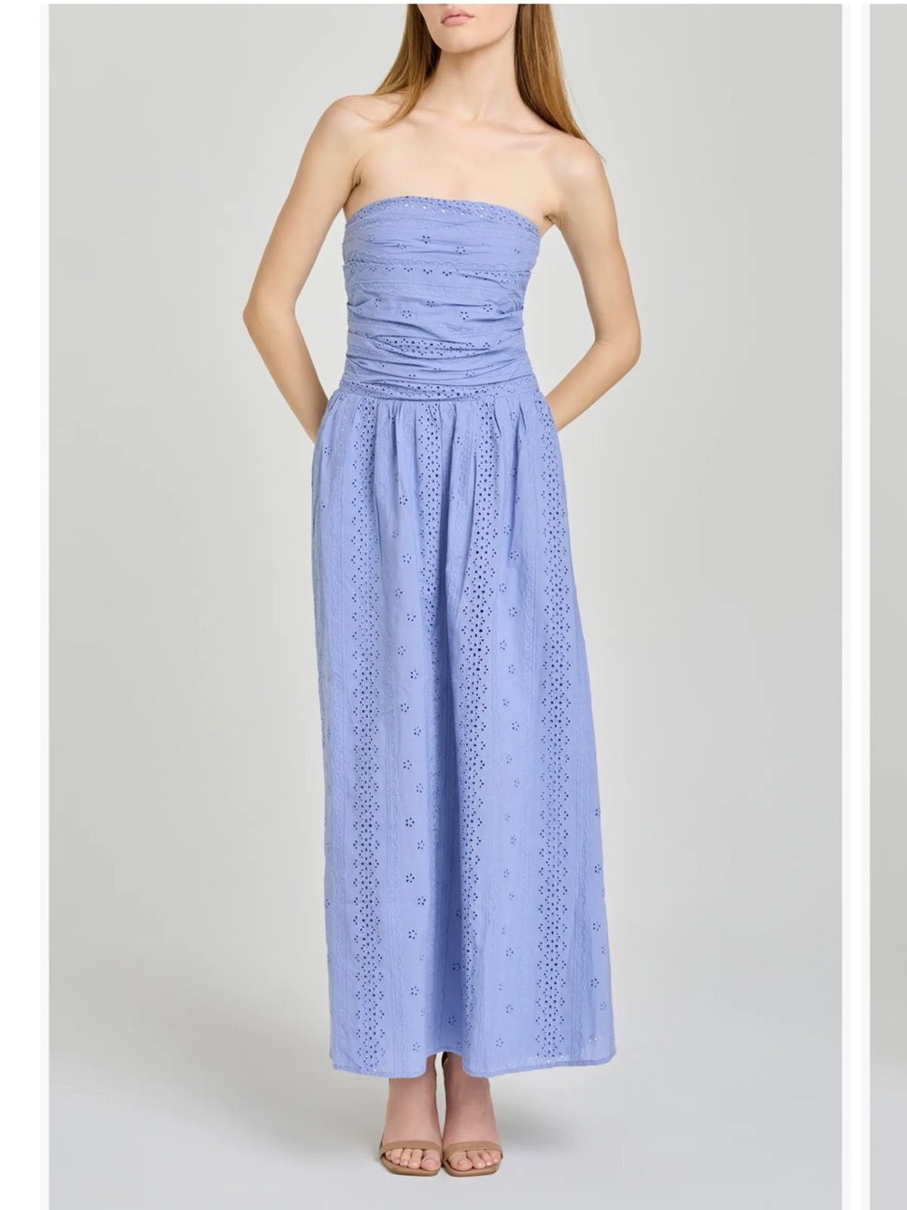 WAYF PIPPA Gathered Strapless Eyelet Cotton Maxi Blue Dress, Large
